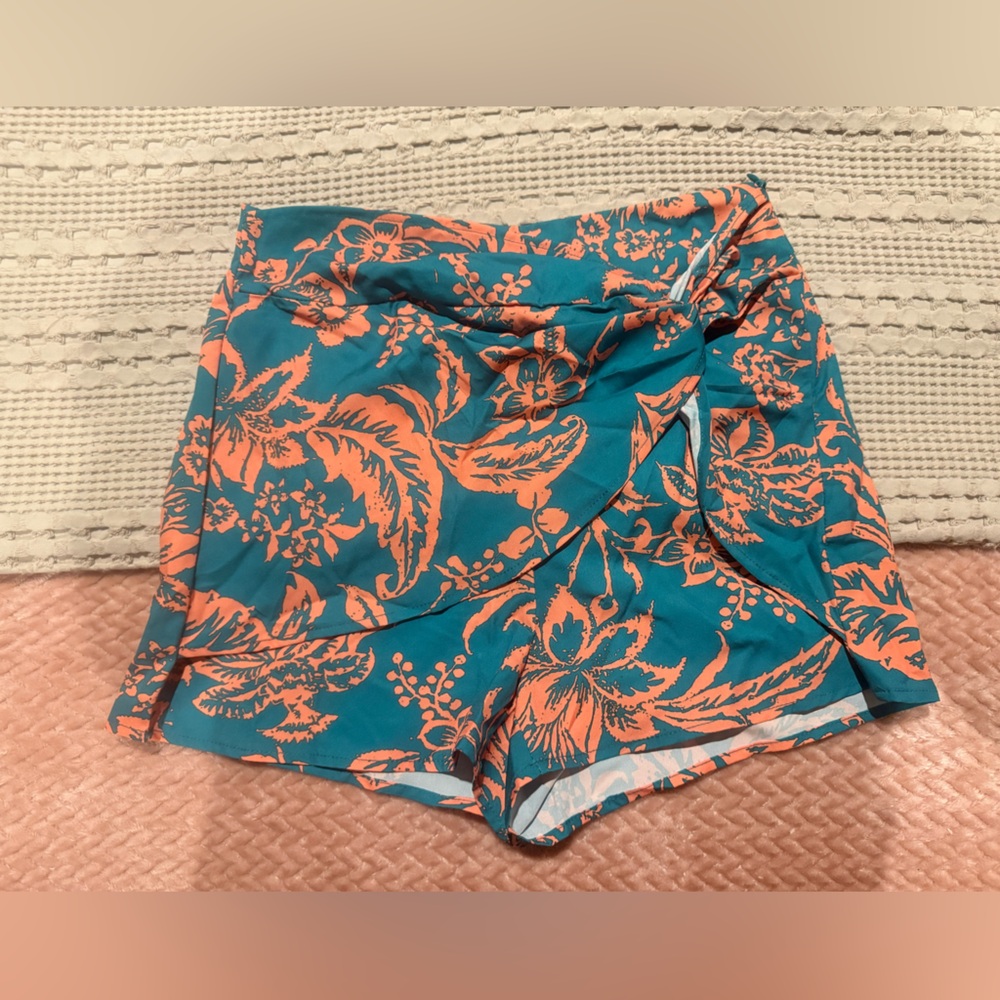Skort Small Teal Coral Floral Wrap Style Skirt Shorts